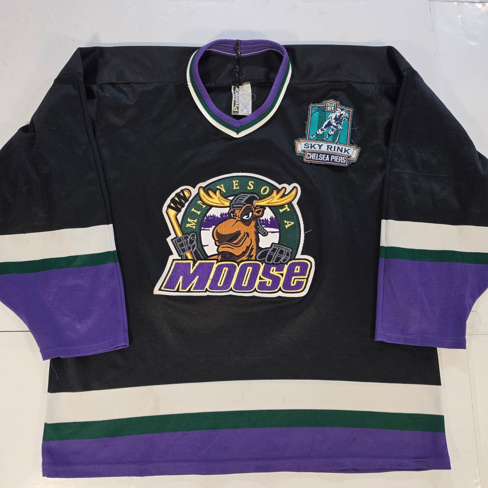 Vintage Bauer Minnesota Moose Hockey Jersey IHL Black Purple Green Men S/M